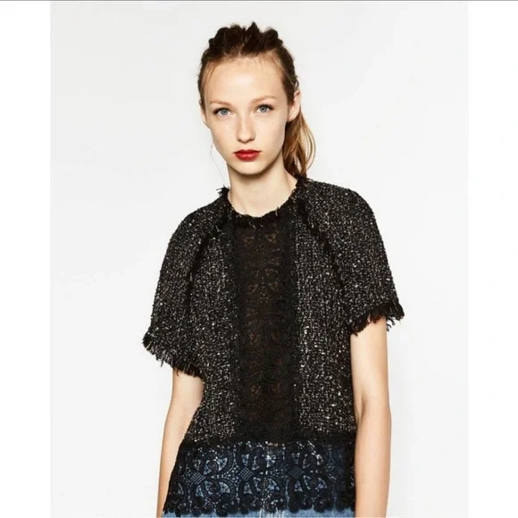 Zara Tweed & Lace Textured Short Sleeve Raw Hem Top Black Size Small - Picture 1 of 12